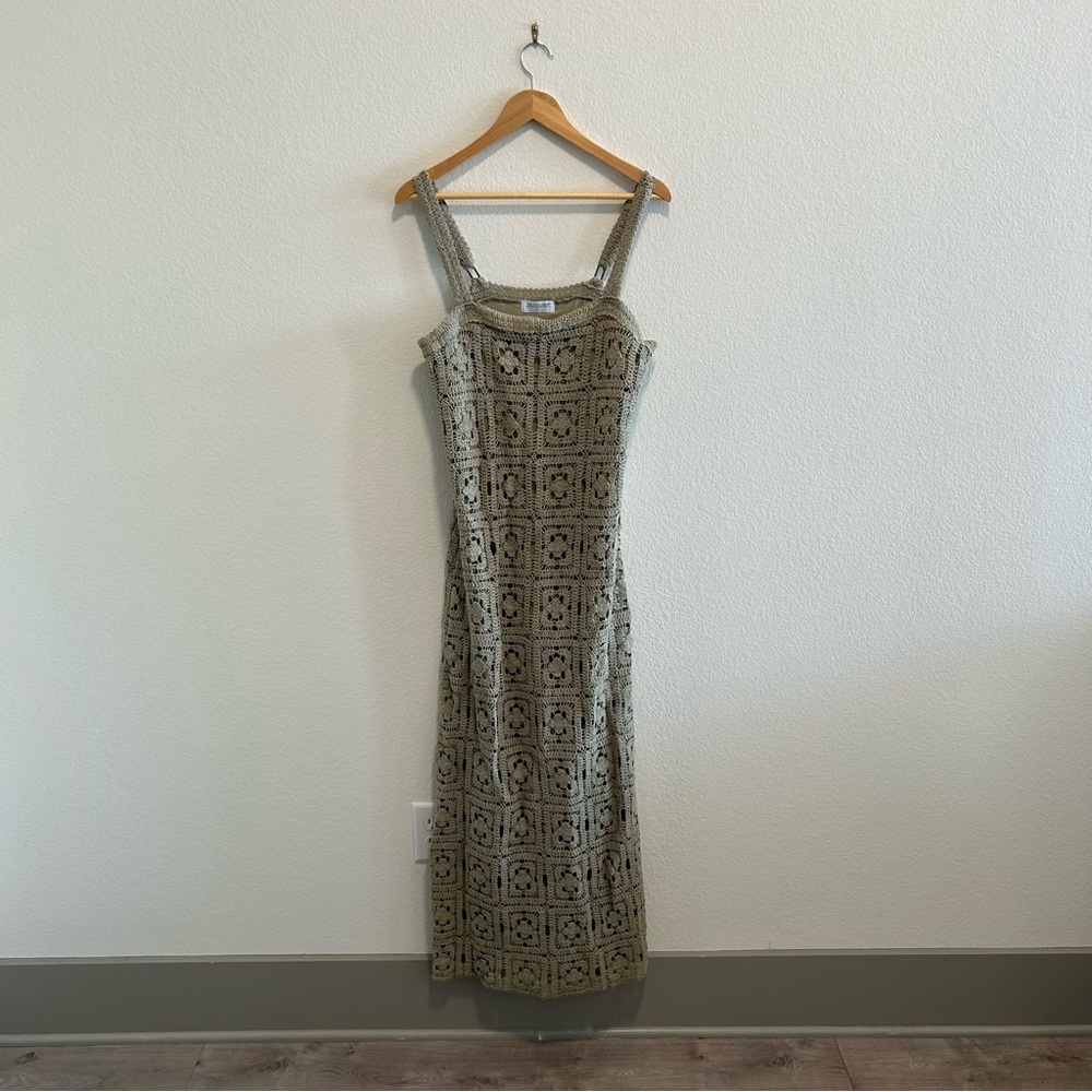 The Lifestyled Co Elegant Olive Green Crochet Maxi Palma Dress